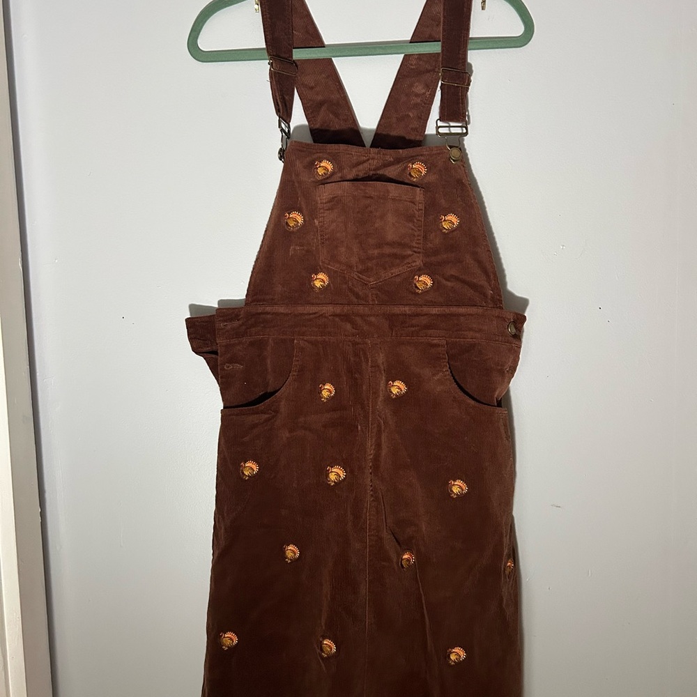 Kiel James Patrick (KJP) Brown Corduroy Overall Dress with Embroidered Turkeys